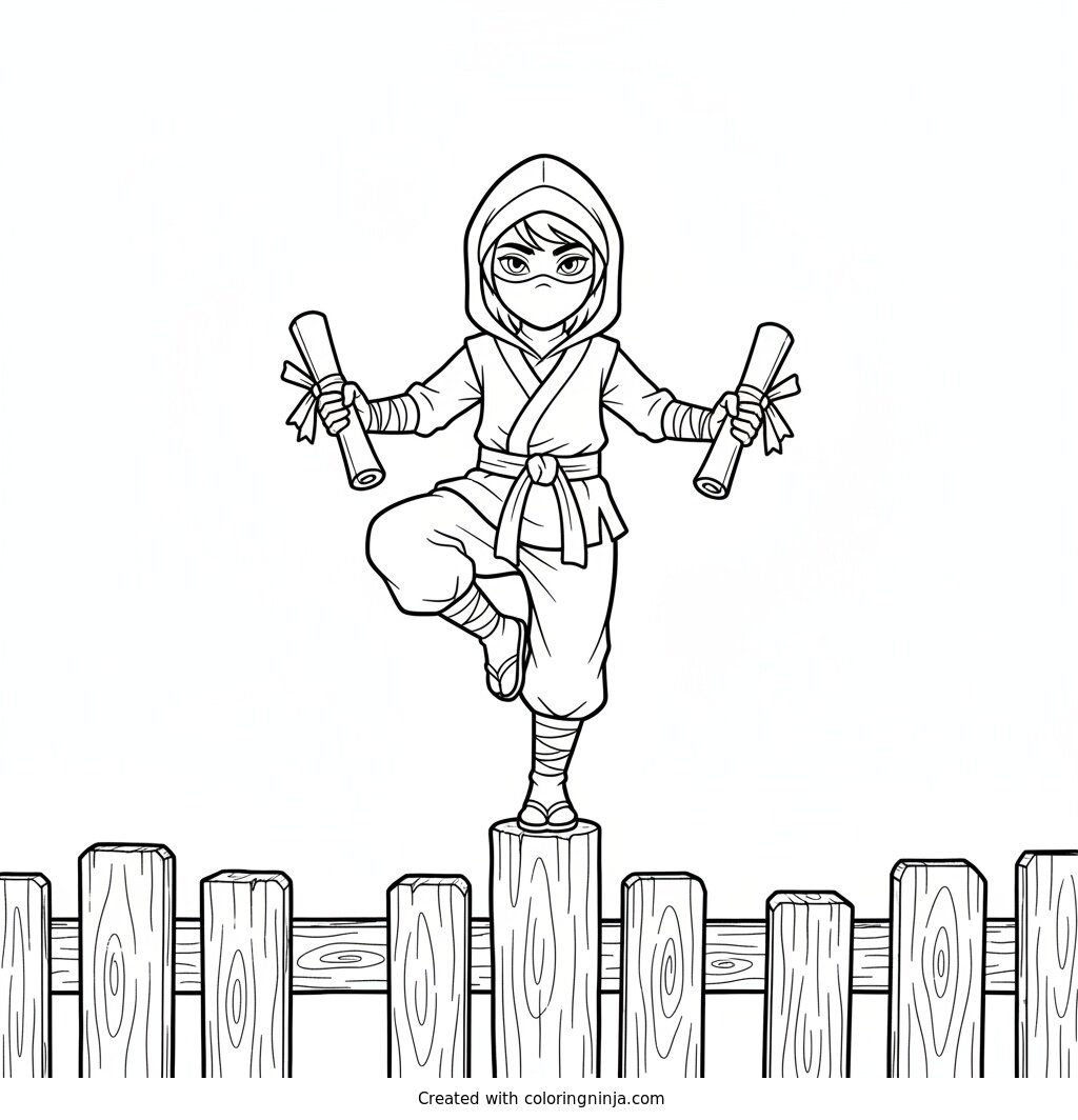 Stealthy Scroll Bearer on Fence Coloring Page