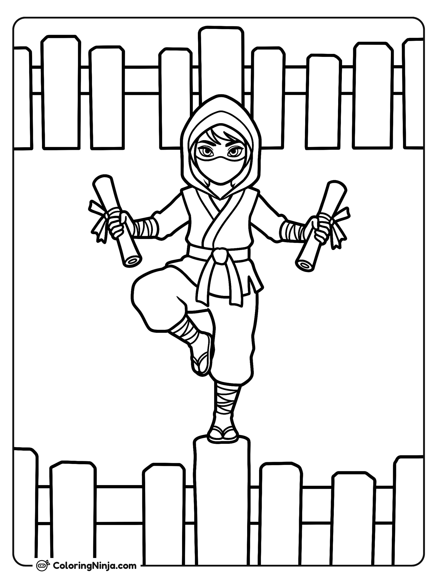 Ninja Sigiloso sobre la Cerca: dibujo para colorear