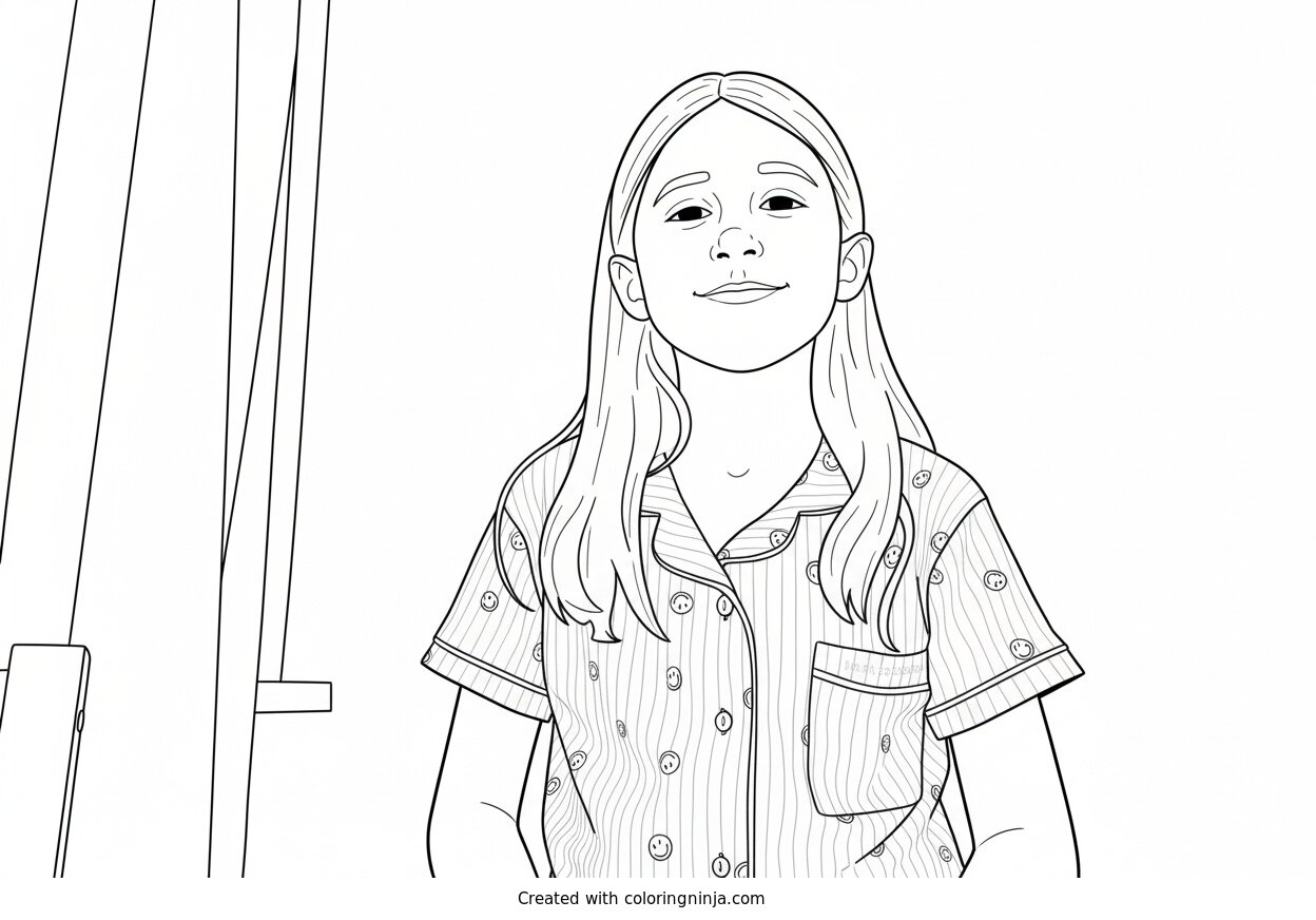 Young Girl in Pink Striped Pajamas Smiling Coloring Page