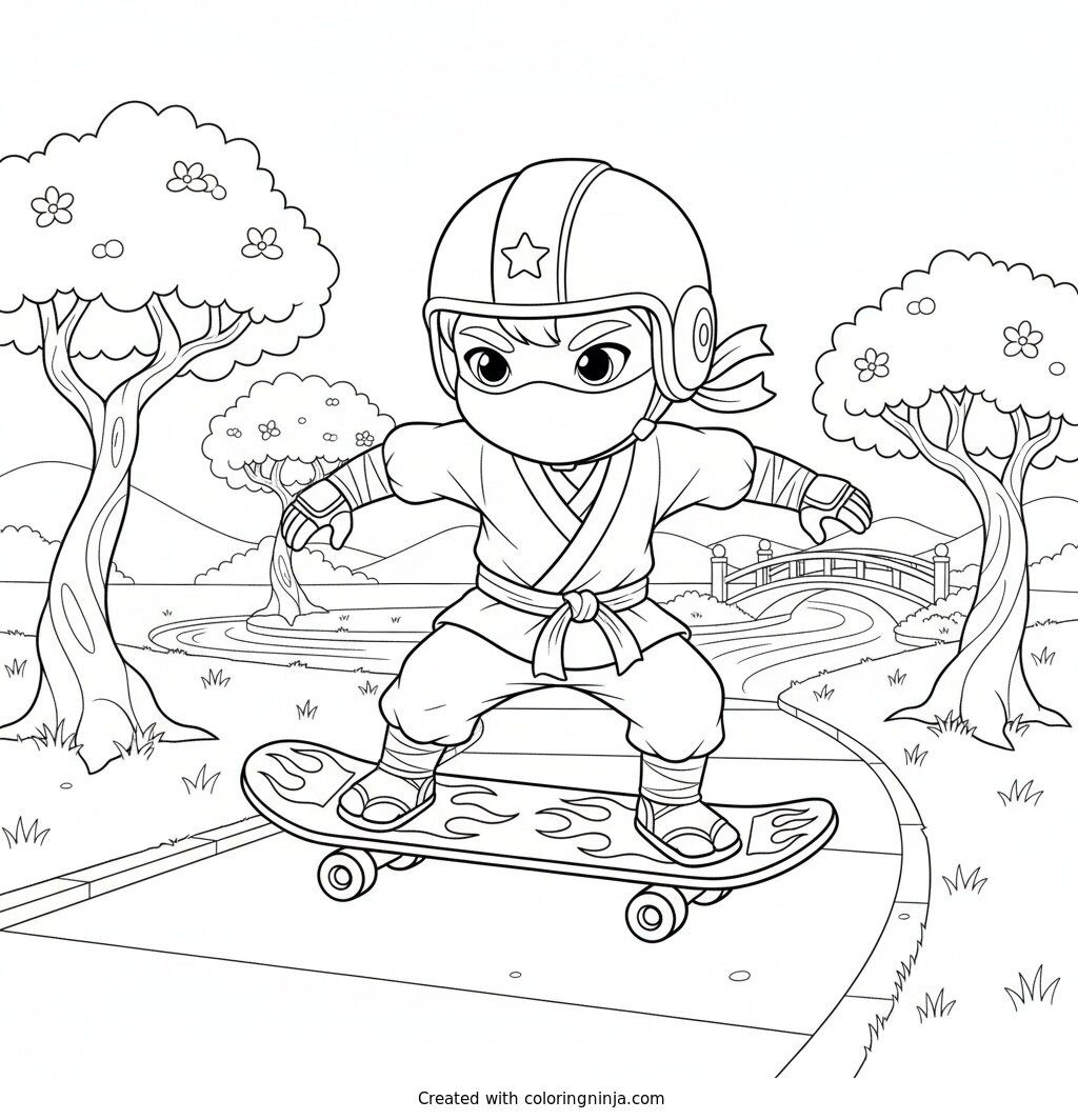 Skateboarding Ninja Fun Coloring Page