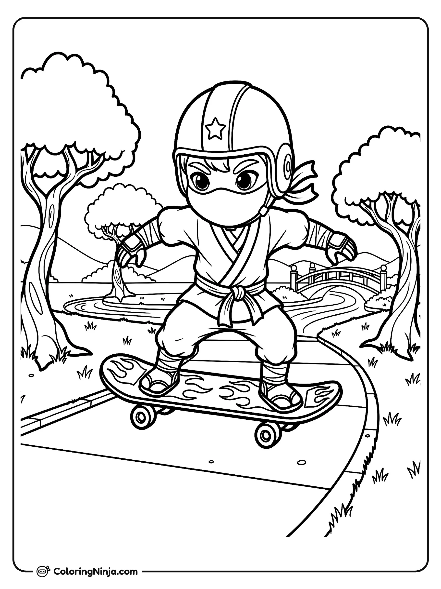 Ninja divertido en patineta, dibujo para colorear: Un joven ninja con casco de seguridad y traje tradicional anda en una patineta con estampado de llamas por el camino de un parque.