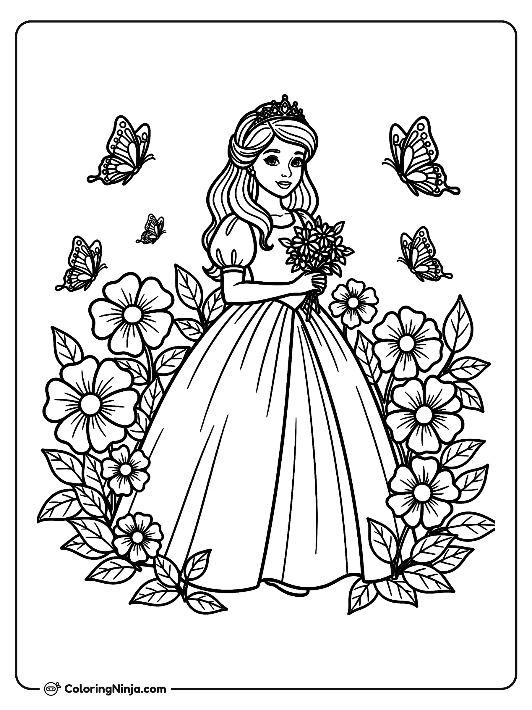 Princesa en el Jardín Soleado, dibujo para colorear: Una sonriente princesa luce una tiara y un vestido elegante mientras sostiene un ramo de flores en un hermoso jardín.