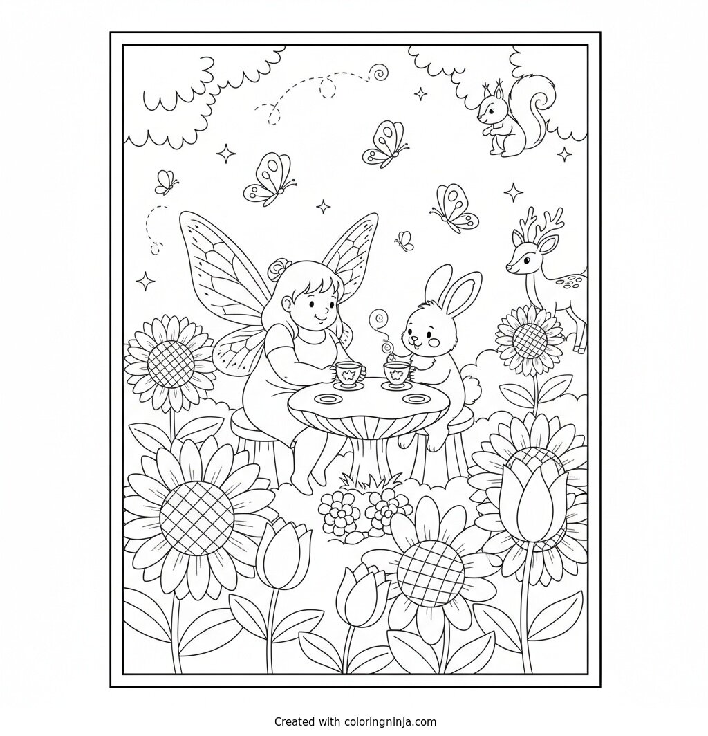 A Fairy and Her Woodland Friends Coloring Page