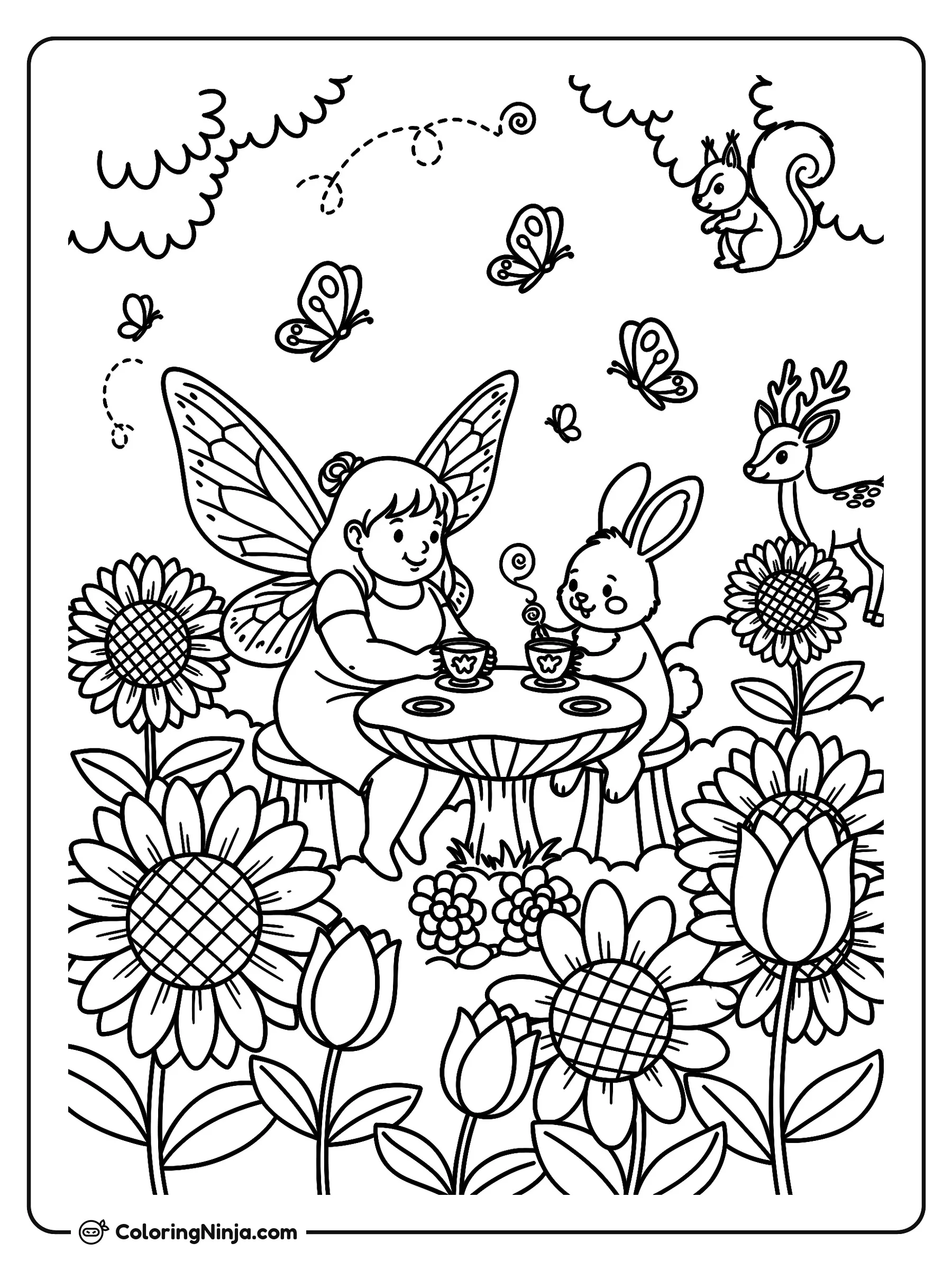 Un hada y sus amigos del bosque, dibujo para colorear: Una simpática hada con alas comparte una taza de té con un conejo en una mesa con forma de hongo. A su alrededor hay grandes mirasoles, tulipanes, mariposas, una ardilla y un pequeño ciervo.