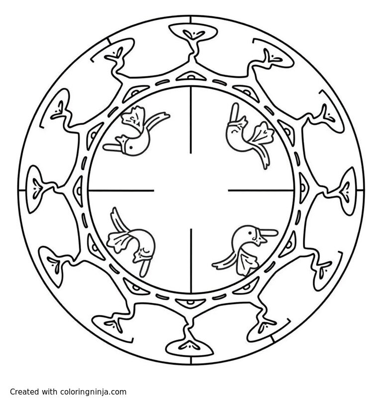 A coloring page of Zodiac wheel with geckos and ftogs