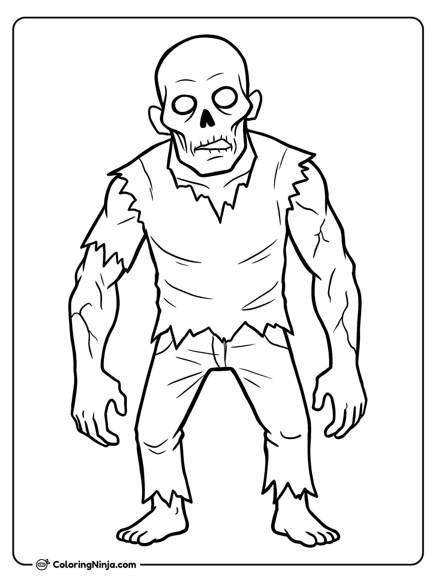 Un Zombi de Halloween, dibujo para colorear: Un zombi permanece de pie en una postura ligeramente encorvada con las manos abiertas a los lados. Lleva ropa desgastada que incluye una camisa rota y pantalones rasgados, y está descalzo.