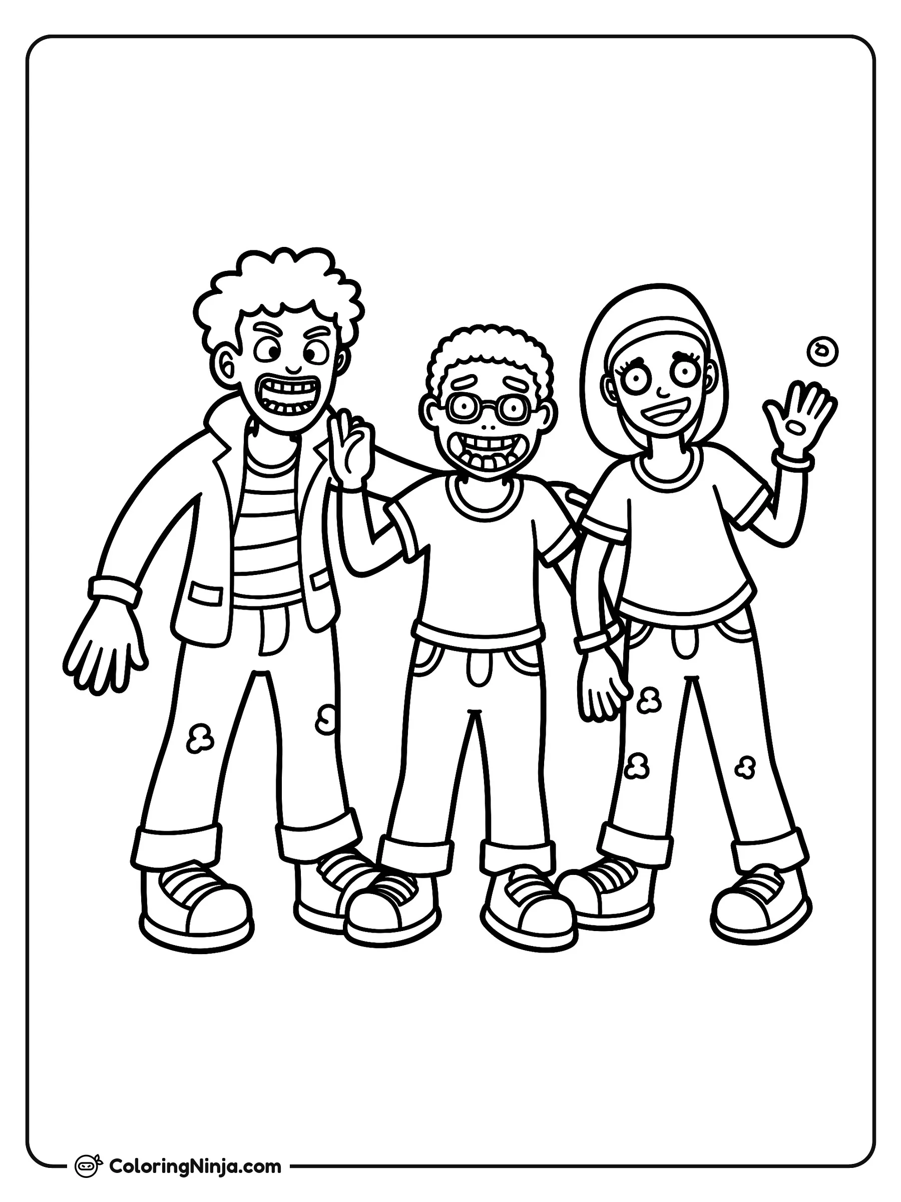 Tres amigos zombies sonrientes, dibujo para colorear: Tres zombies amigables vestidos con ropa casual permanecen juntos mientras sonríen y saludan alegremente.