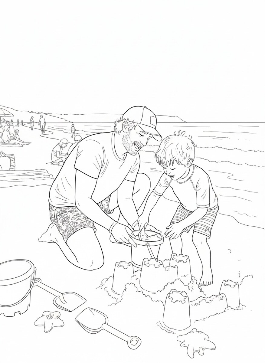 The same photo as a coloring page: building a sandcastle