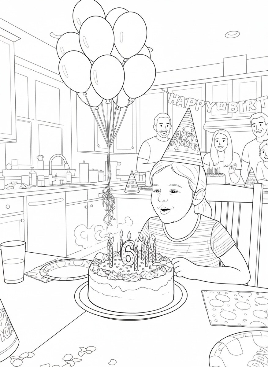 The same photo as a coloring page: blowing out the candles
