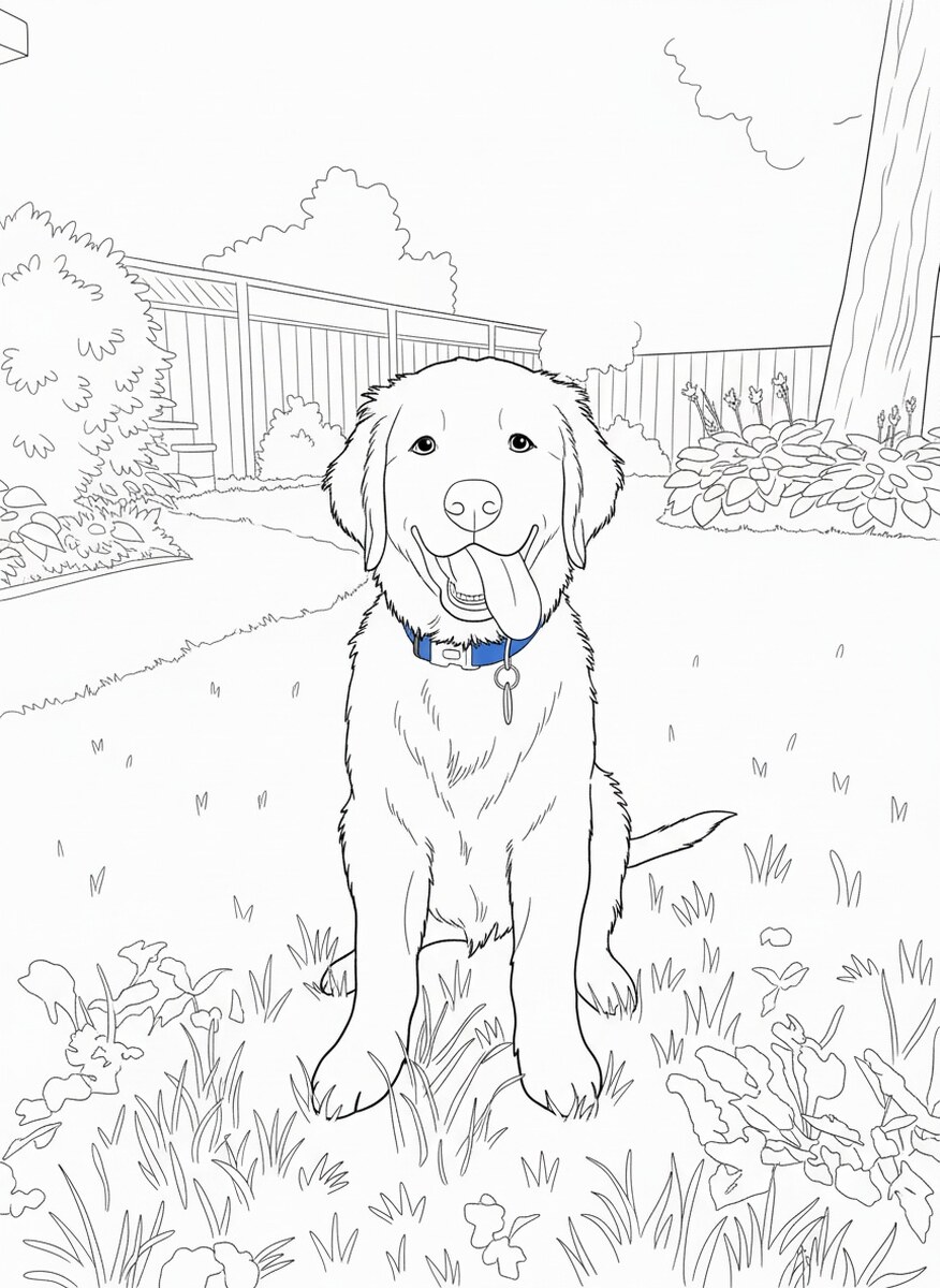 The same photo as a coloring page: a puppy in the garden