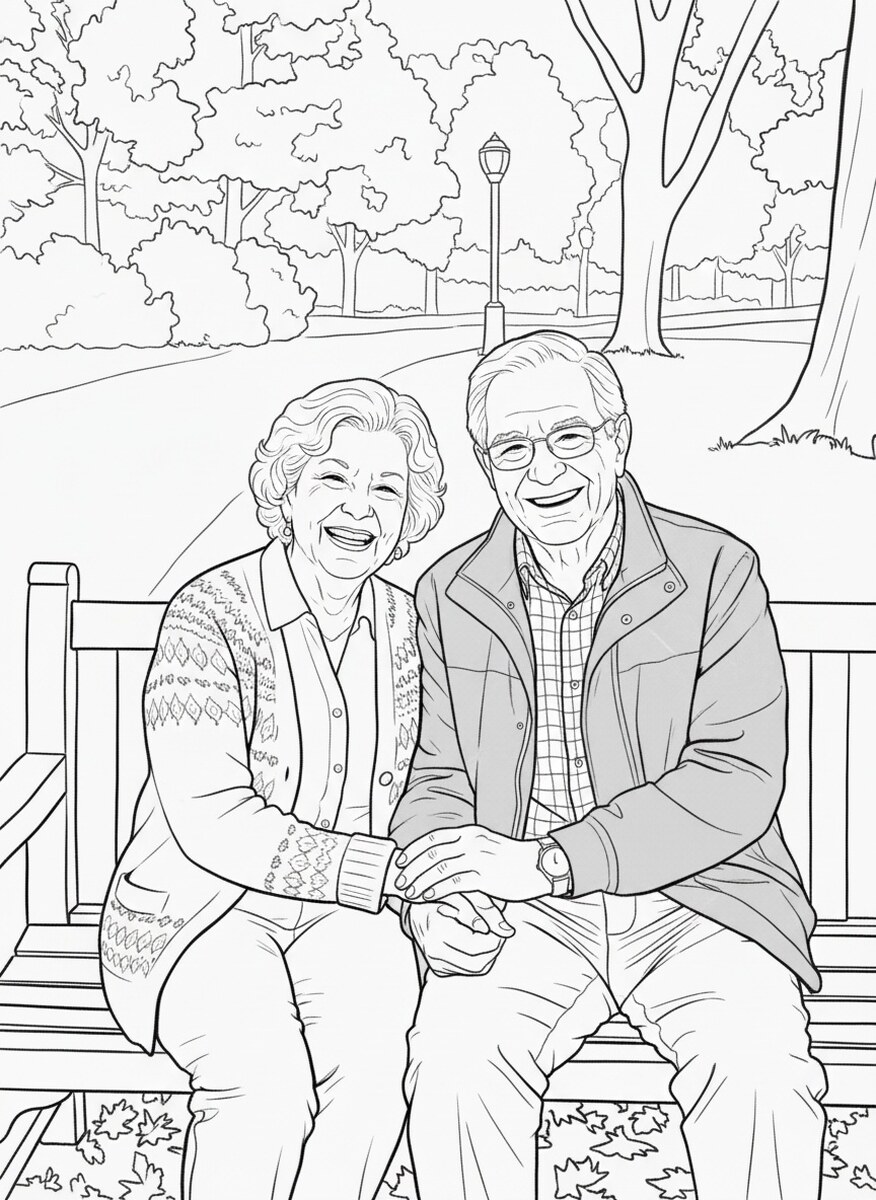 The same photo as a coloring page: a day in the park