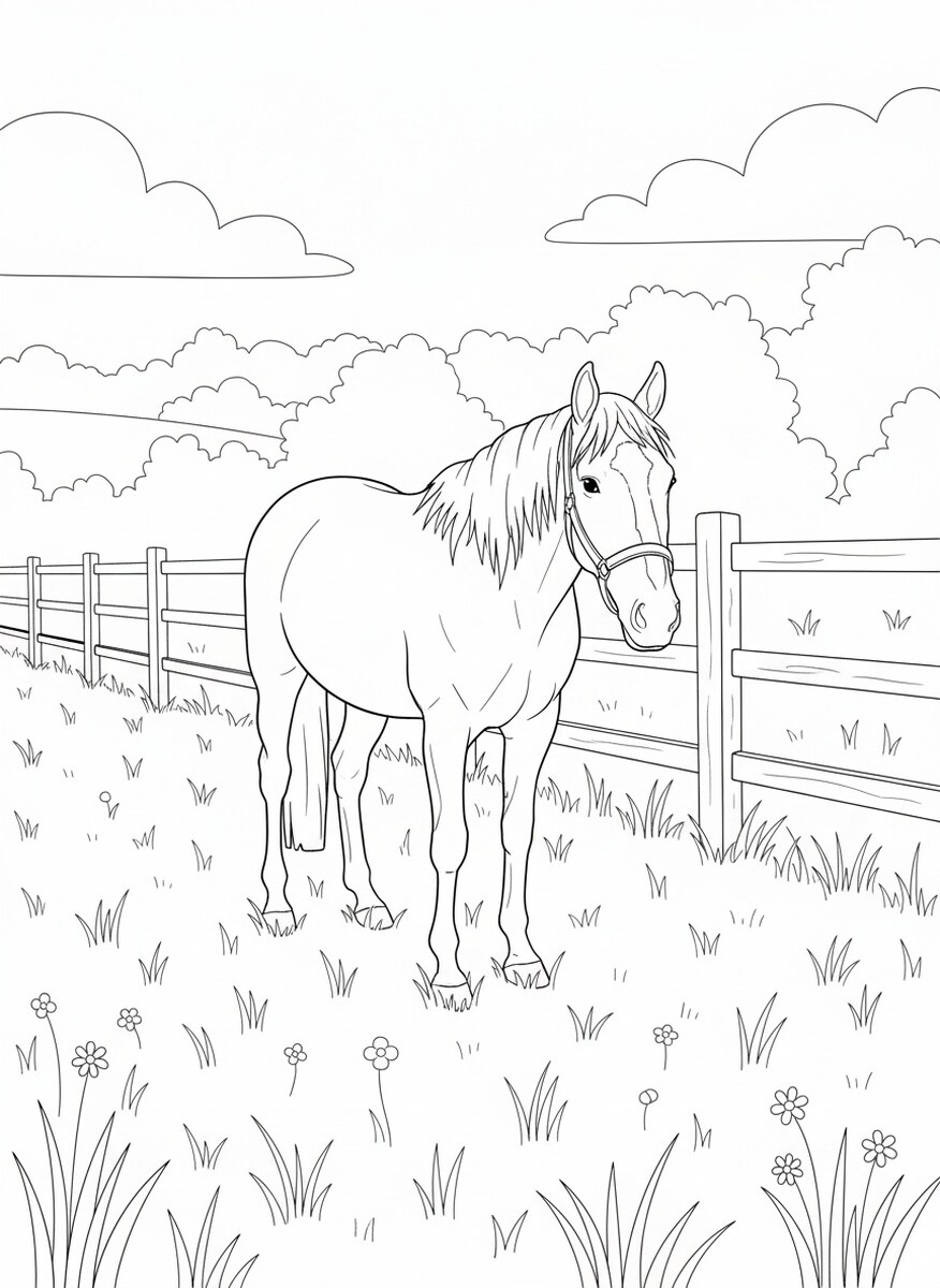The same photo as a coloring page: a horse in the meadow