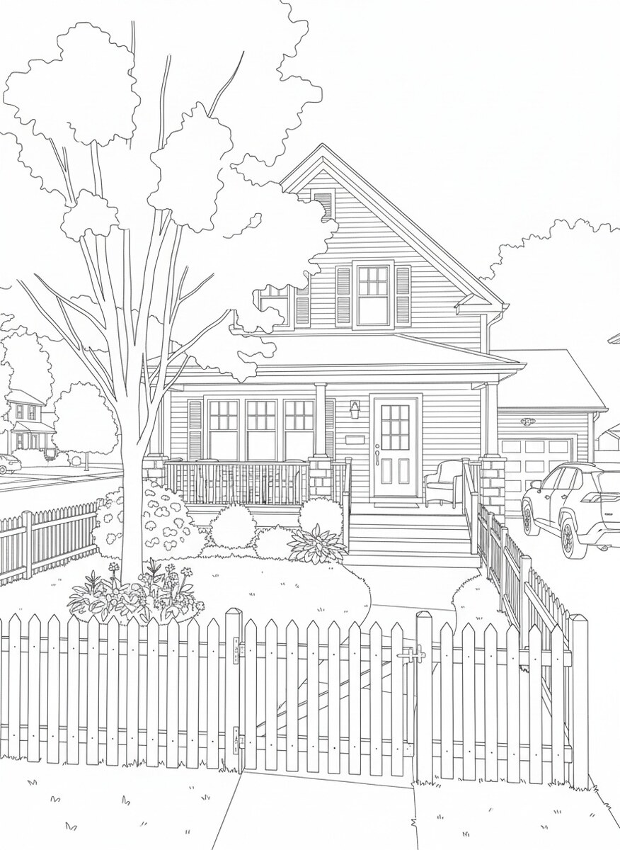 The same photo as a coloring page: the family house