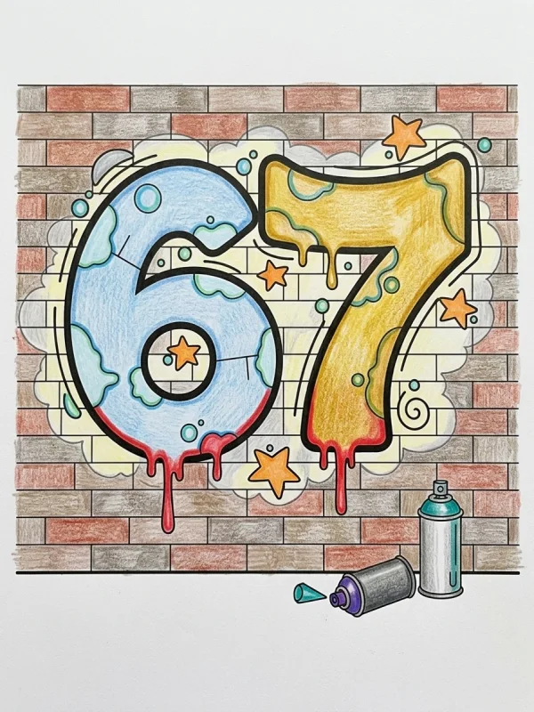67 coloring page colored in with pencils