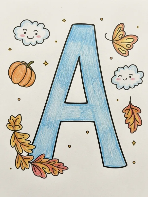 Alphabet coloring page colored in with pencils