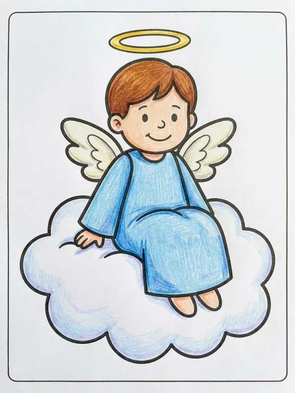 Angel coloring page colored in with pencils