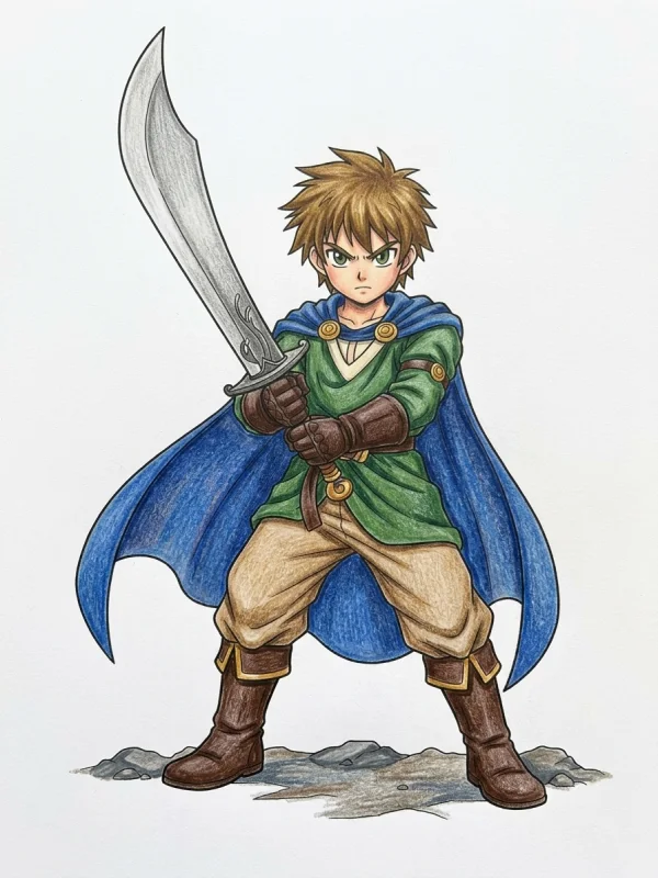 Anime coloring page colored in with pencils