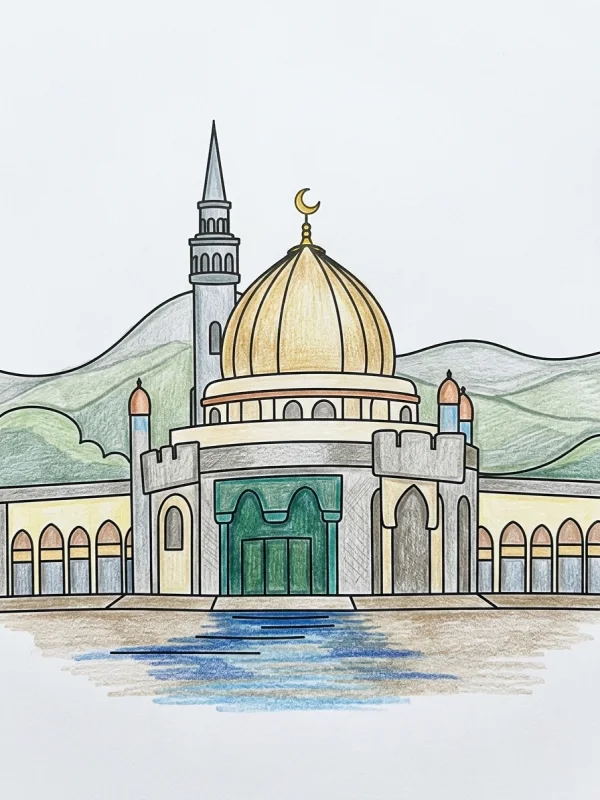Architecture coloring page colored in with pencils