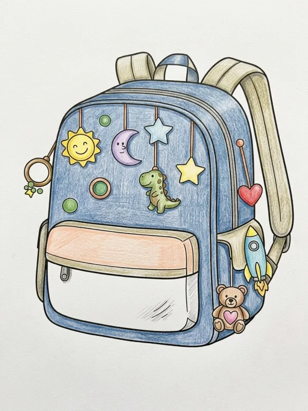 Backpack coloring page colored in with pencils