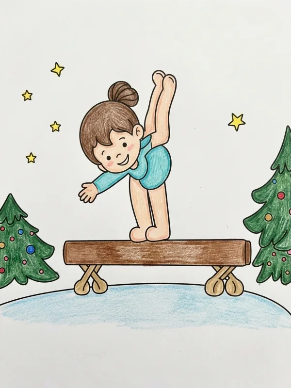 Balance Beam coloring page colored in with pencils