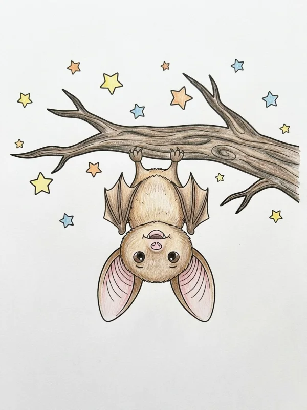 Bat coloring page colored in with pencils