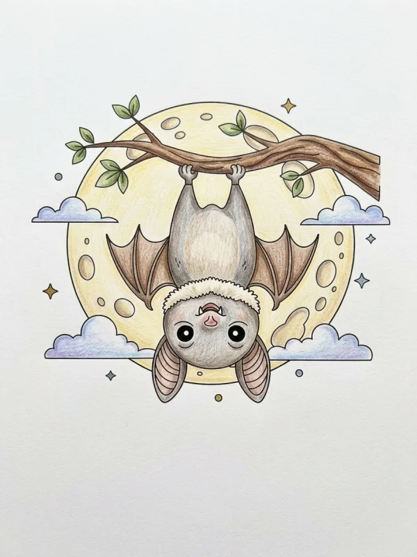 Bats coloring page colored in with pencils