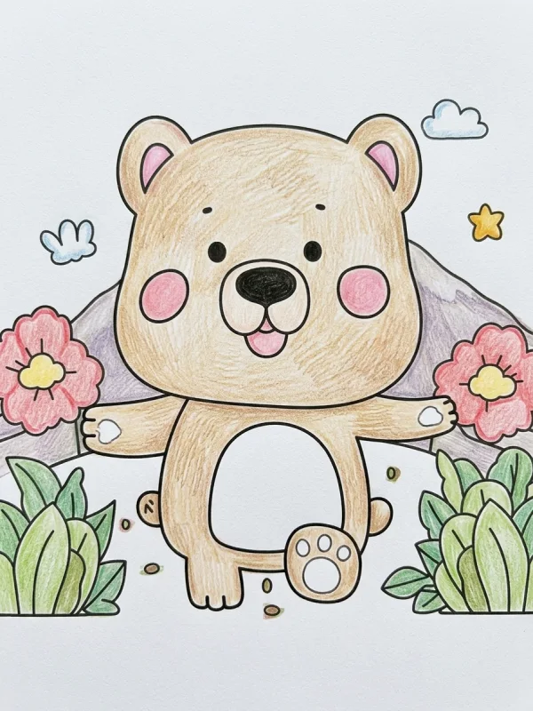 Bear coloring page colored in with pencils
