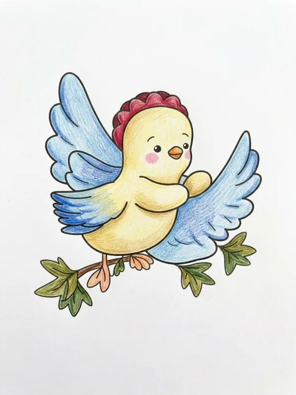 Bird coloring page colored in with pencils