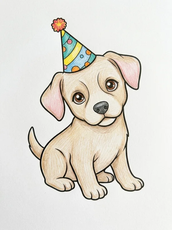Birthday coloring page colored in with pencils