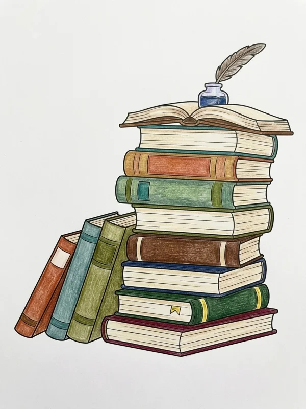Books coloring page colored in with pencils