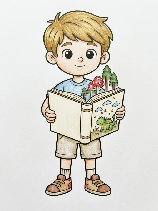 Boy coloring page colored in with pencils