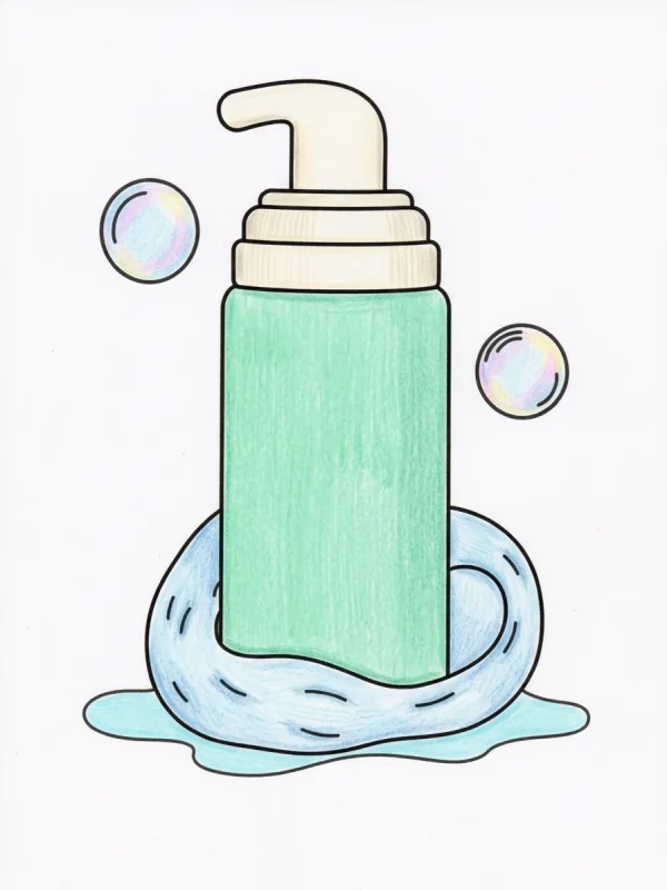 Bubble Skincare coloring page colored in with pencils
