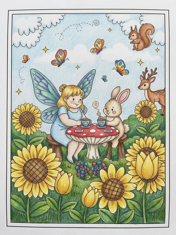 Bunny coloring page colored in with pencils