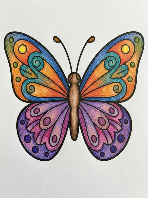 Butterfly coloring page colored in with pencils
