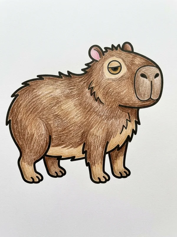 Capybara coloring page colored in with pencils