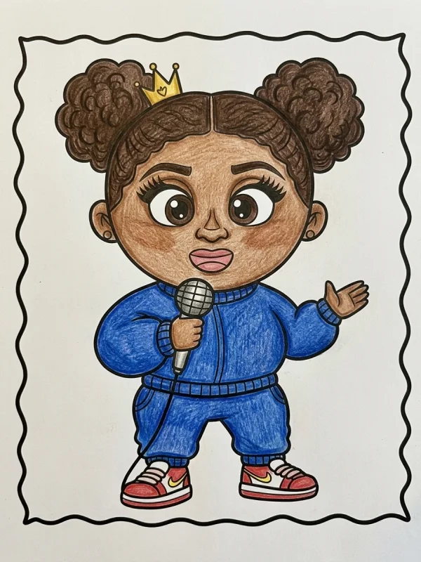 Cardi B coloring page colored in with pencils