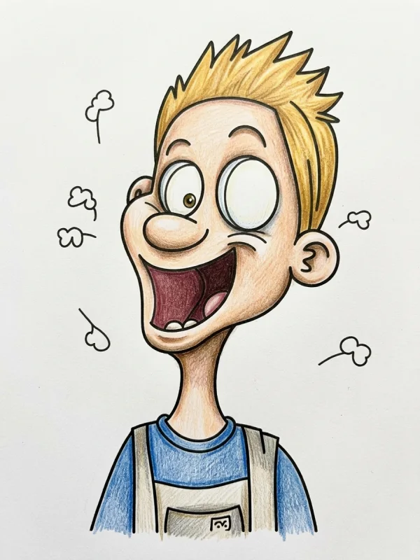 Caricature coloring page colored in with pencils