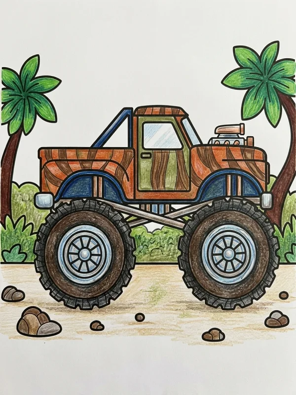 Cars & Vehicles coloring page colored in with pencils