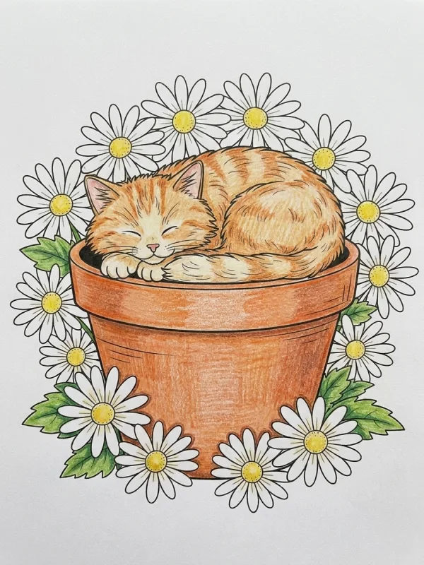 Cat coloring page colored in with pencils