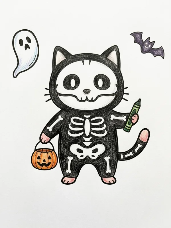 Cats coloring page colored in with pencils