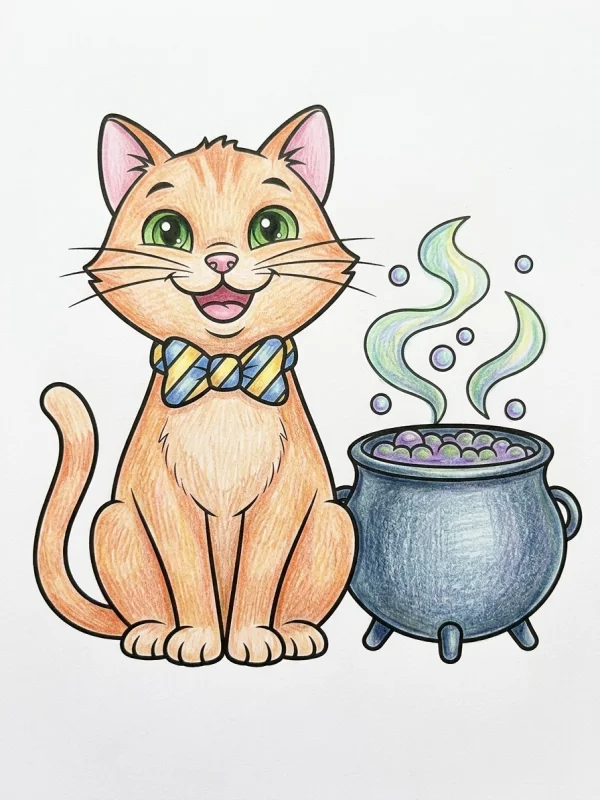 Cauldron coloring page colored in with pencils