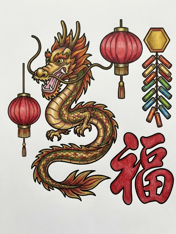 Chinese New Year coloring page colored in with pencils