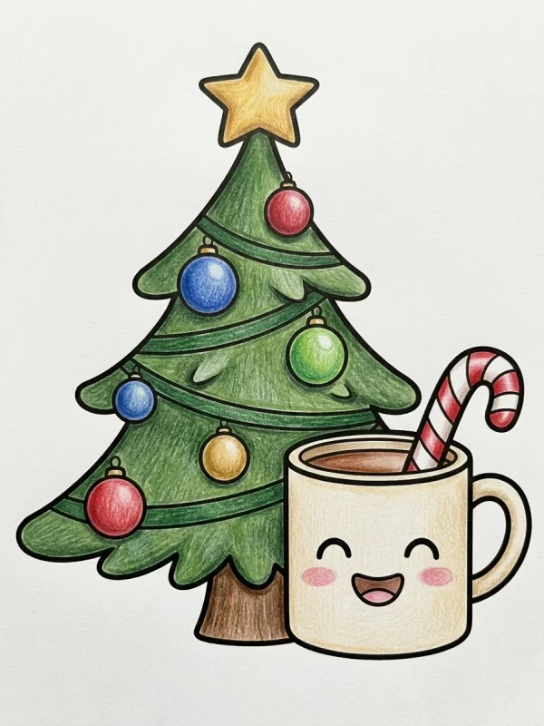 Christmas Tree coloring page colored in with pencils