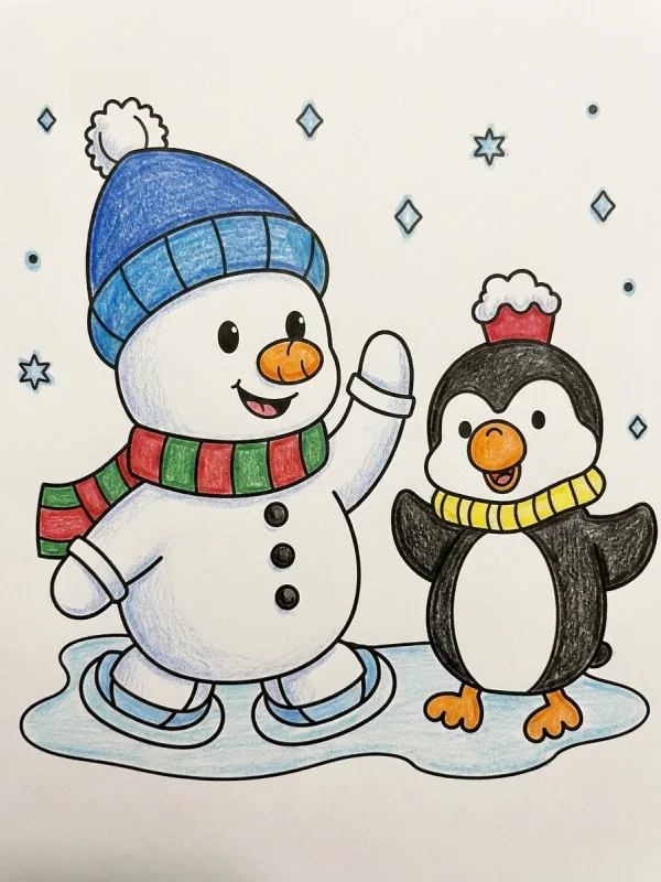 Christmas coloring page colored in with pencils
