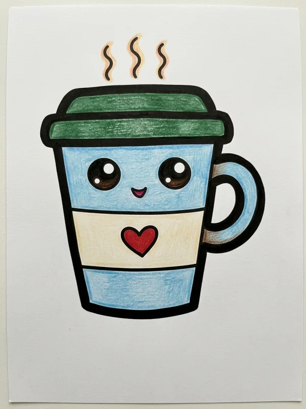 Coffee coloring page colored in with pencils