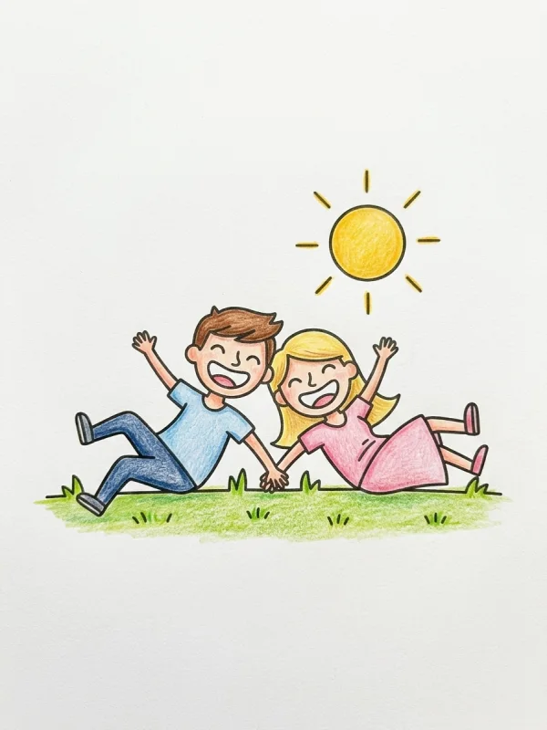 Couple coloring page colored in with pencils