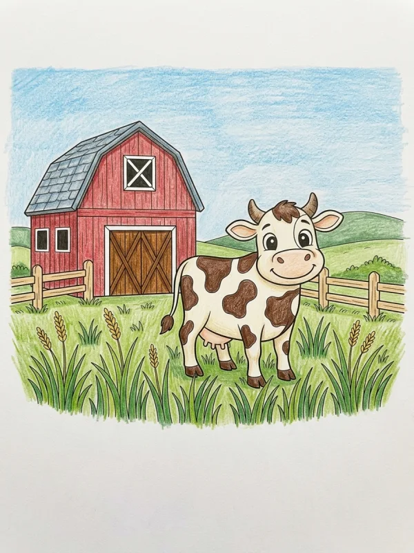 Cow coloring page colored in with pencils