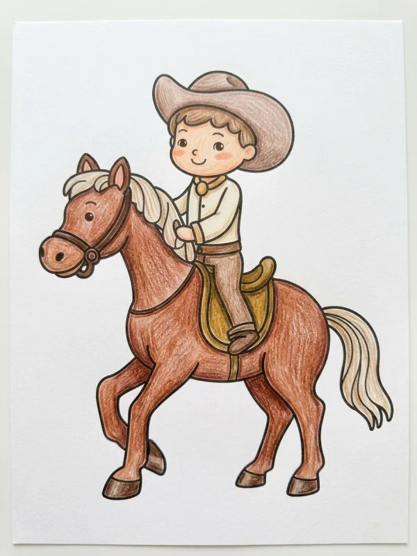 Cowboys coloring page colored in with pencils