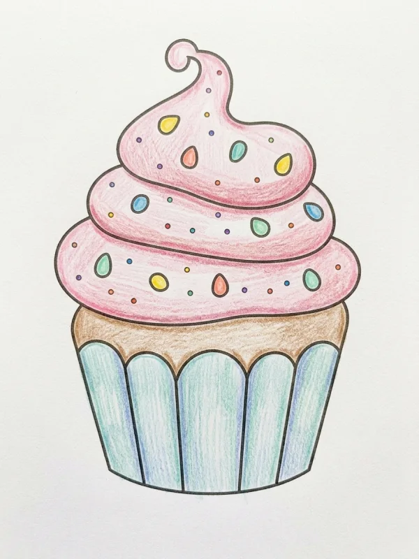 Cup coloring page colored in with pencils