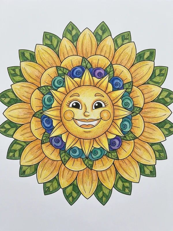 Daisy coloring page colored in with pencils